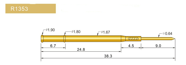 R1353-W探針套管、1.67mm測試針、總長38.3mm、彈簧針套管圖片、測試針套管圖片、頂針套管圖片、探針套管圖片